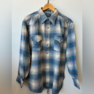 Vintage Pendleton Blue and Pink Plaid 100% Wool Snap Button Shirt Size XL